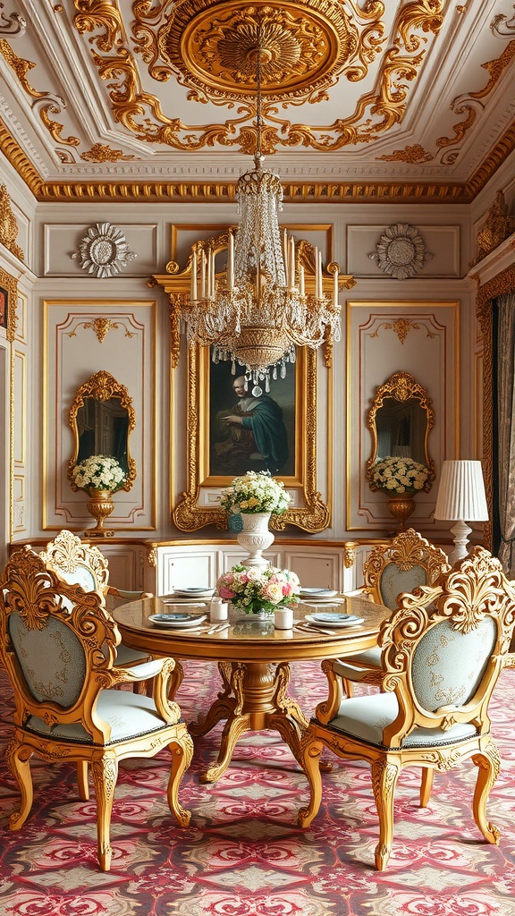 Rococo style dining room featuring ornate furniture and elegant decor.