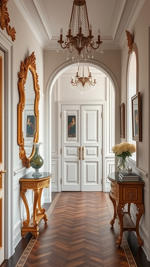 Elegant hallway featuring ornate gold mirrors and chandeliers in a vintage Rococo style.