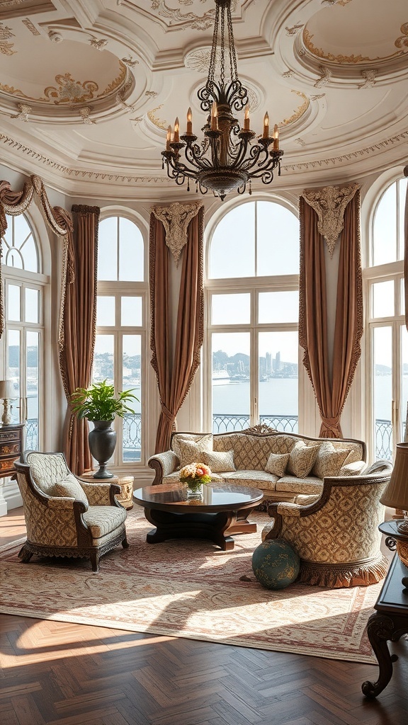 Ein luxuriöses Rococo-Wohnzimmer mit opulenten Polsterungen und Stoffen, großen Fenstern und einem eleganten Kronleuchter.