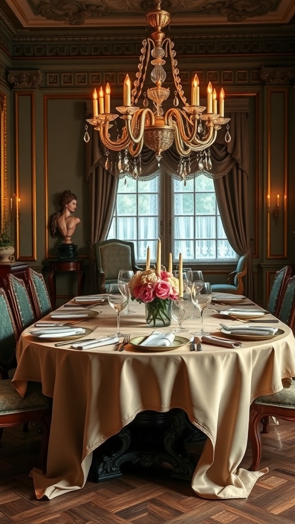 A luxurious Rococo dining room featuring an ornate chandelier, elegant table settings, and a beautiful floral centerpiece.