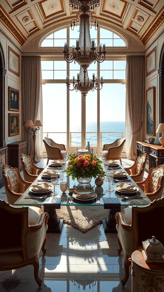 Luxuriöse Tischdekoration mit Glasplatte, eleganten Stühlen und buntem Blumenstrauß in einem hellen Raum mit Meerblick.