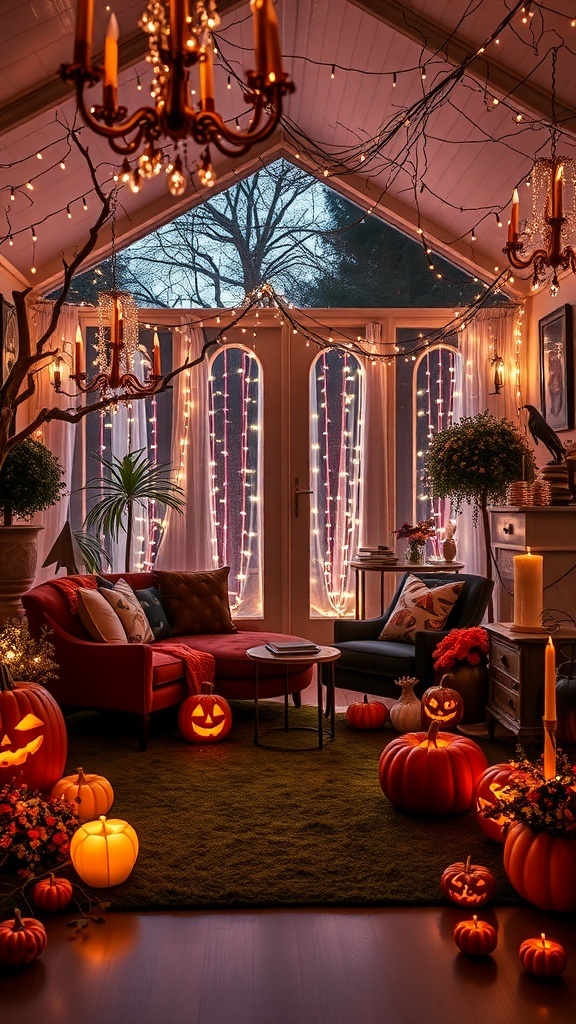 Ein gemütlicher Raum mit Halloween-Dekorationen, einschließlich Lichtern und Kürbissen.