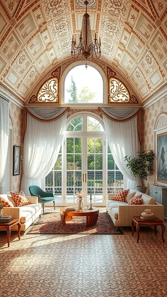 Ein eleganter Raum mit kunstvollen Tapetenmustern, hohen Decken und großen Fenstern, die viel Licht hereinlassen.
