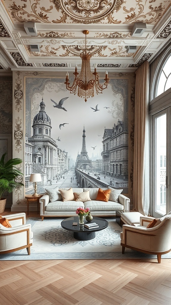 Ein elegantes Wohnzimmer mit einer beeindruckenden Wandmalerei, die eine Stadtansicht zeigt, und einem Kronleuchter.