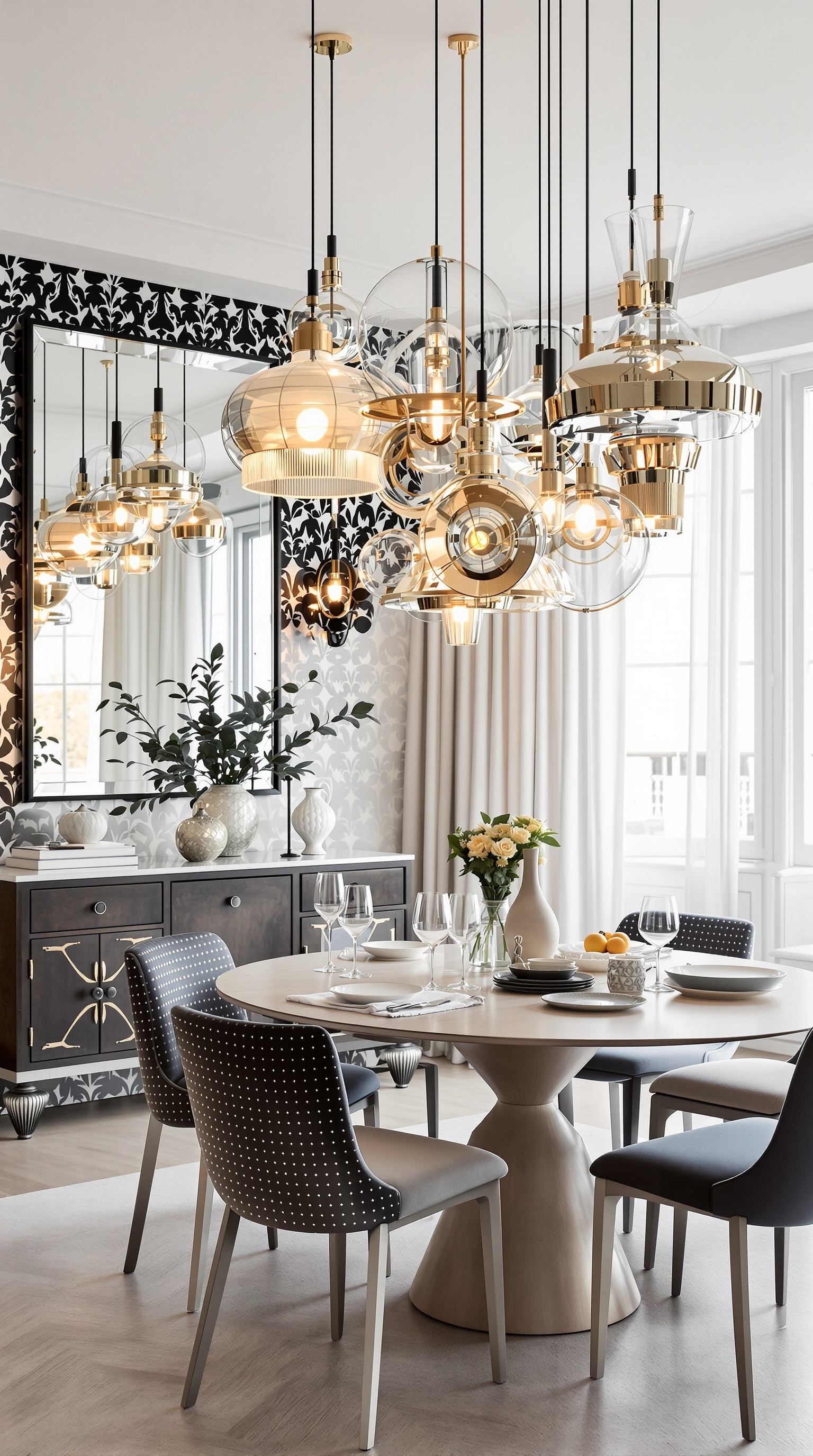 Ein stilvoller Raum mit exzentrischen Beleuchtungskörpern, eleganten Möbeln und einer reich verzierten Wand.