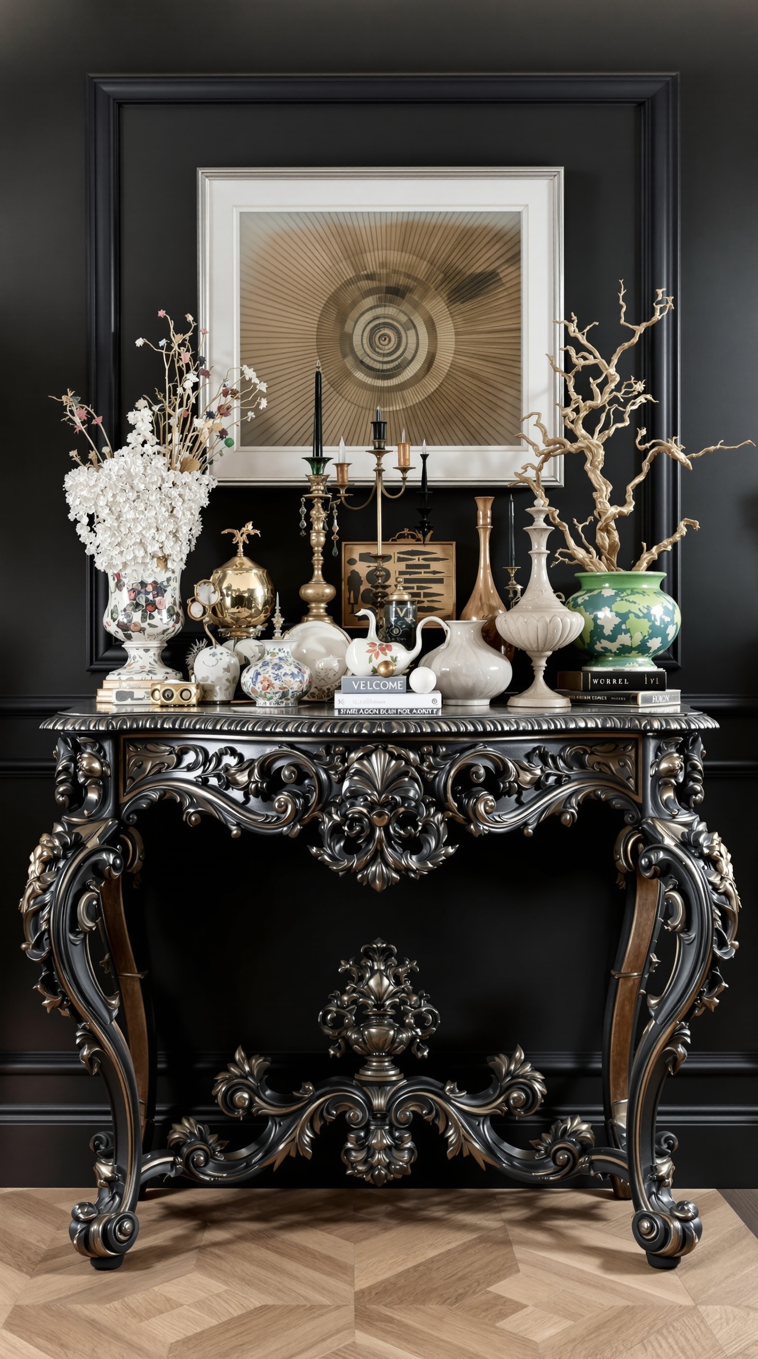 Luxuriös eingerichteter Raum mit Meerblick, Rococo Revival Möbeln und exzentrischen Dekorationselementen.