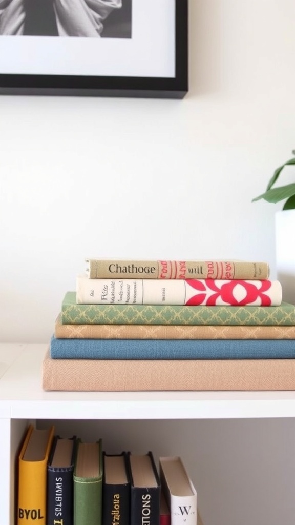 A stack of fabric-covered books in various colors and patterns on a shelf