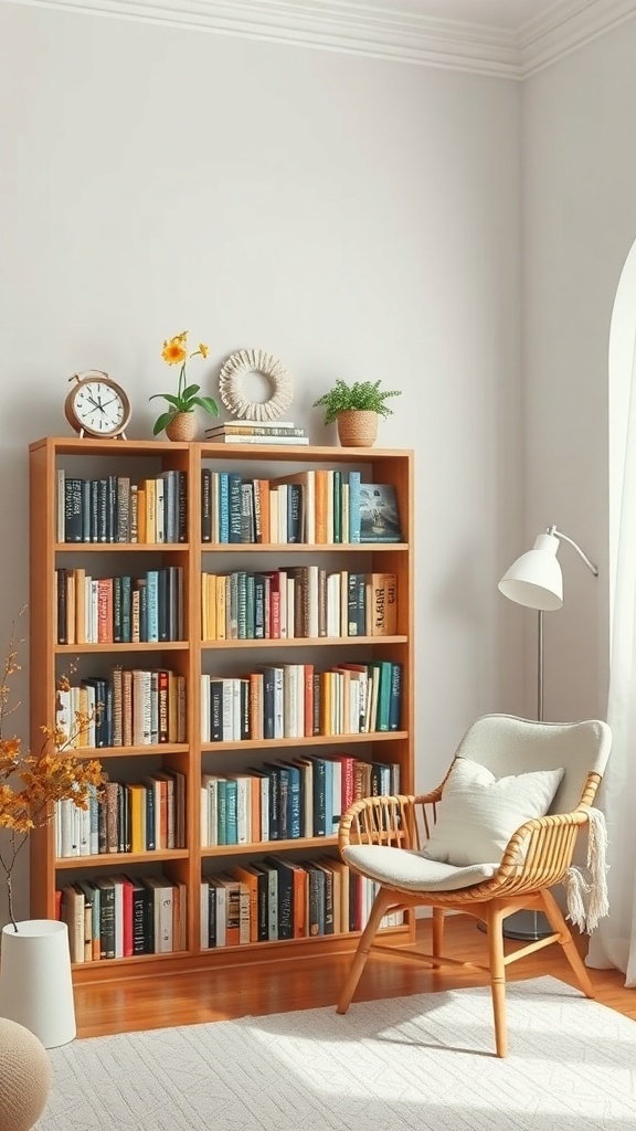 A cozy bookshelf filled with colorful books, topped with plants and a clock, next to a comfortable chair.