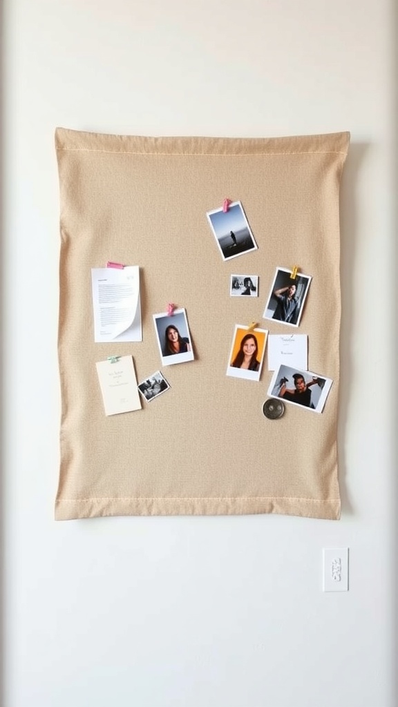 A fabric-covered bulletin board with pinned photos and notes.