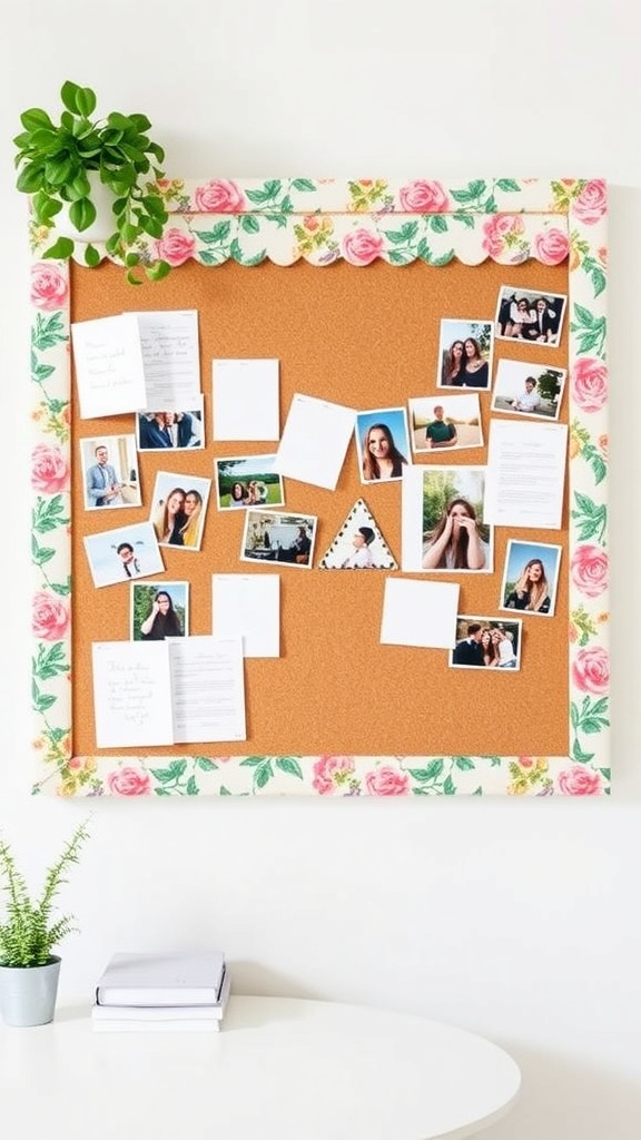 A fabric-covered bulletin board with photos and notes pinned on it, surrounded by a decorative floral border.