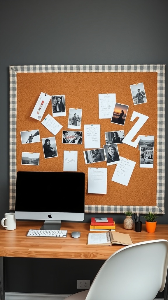 A fabric-covered corkboard displaying photos and notes, with a modern desk setup.