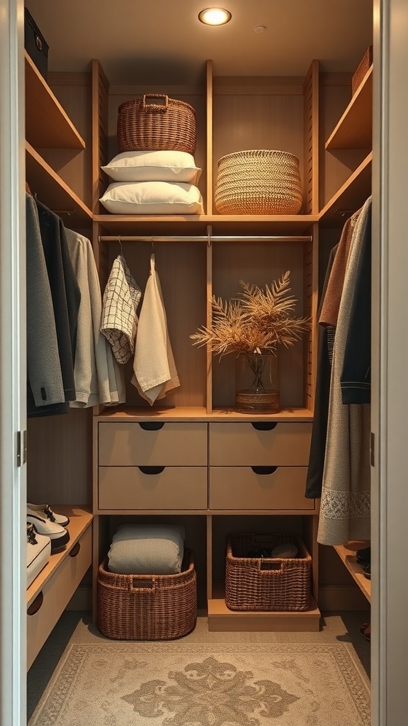 A well-organized closet with woven baskets, soft textiles, and a patterned rug, creating a warm and inviting atmosphere.
