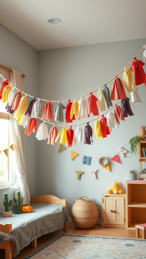 Colorful fabric scrap garland hanging in a room.