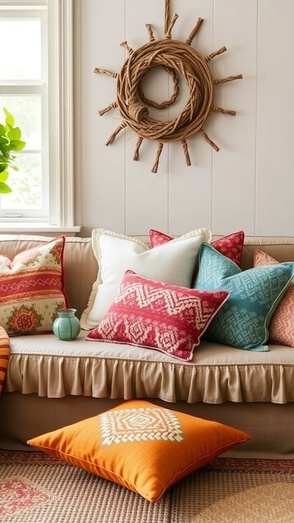 A cozy couch adorned with colorful fabric swatch cushion covers, featuring various patterns and textures.