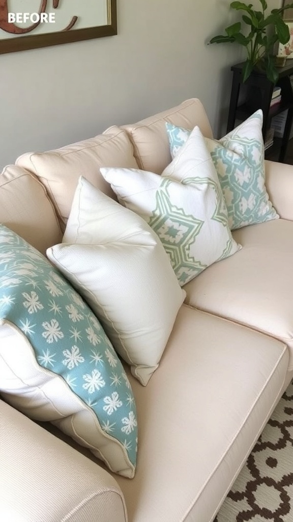 A cozy gray couch adorned with decorative pillows and a light throw blanket.