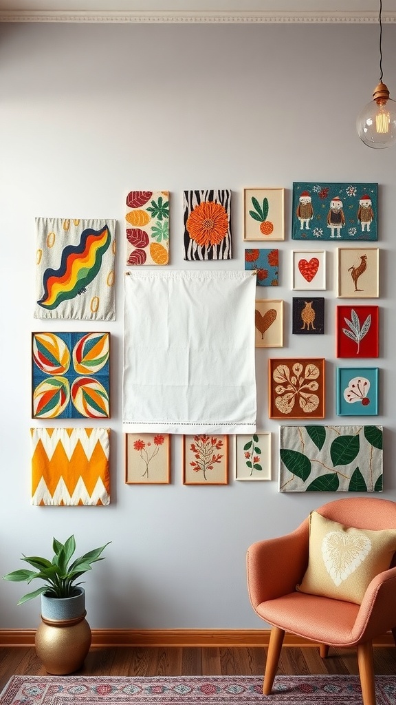 A colorful display of fabric wall art featuring various patterns and designs.