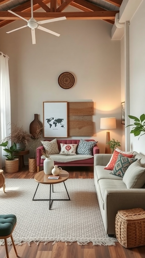 A stylish living room featuring fair trade decor accessories, including handmade baskets and colorful cushions.