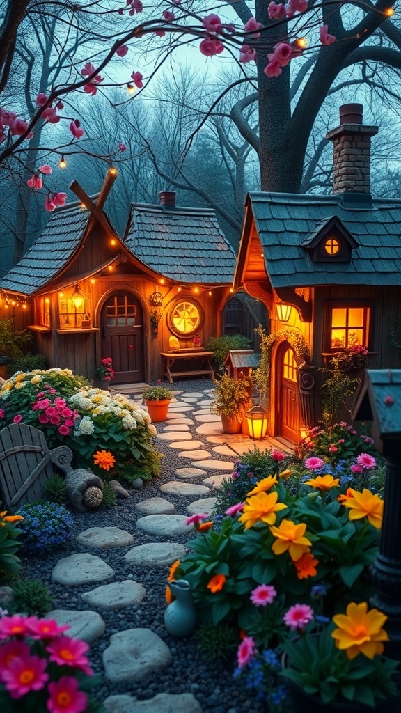 A whimsical fairy garden hideout with glowing cottages and colorful flowers.