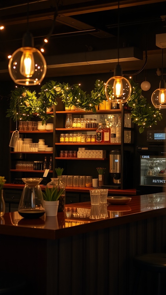 A cozy coffee bar with fairy lights and greenery, creating a warm atmosphere.