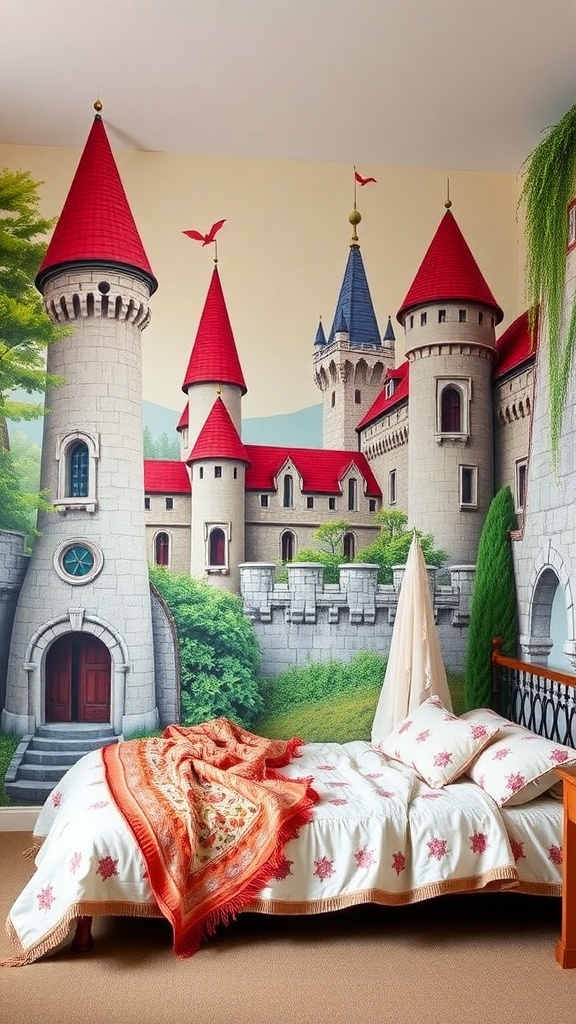 A beautiful castle mural with red roofs and greenery, enhancing a cozy bedroom.
