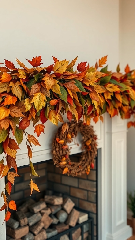 A decorative garland made of colorful fallen leaves hanging over a fireplace.
