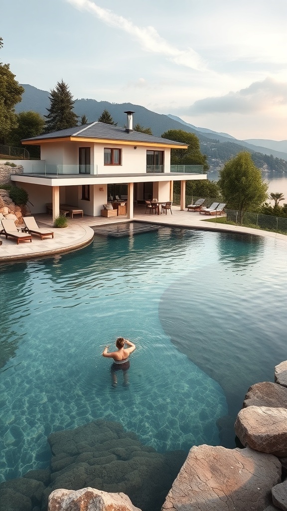 Ein moderner Naturpool mit einem Haus im Hintergrund, umgeben von Bäumen und Bergen. Eine Person steht im Wasser.