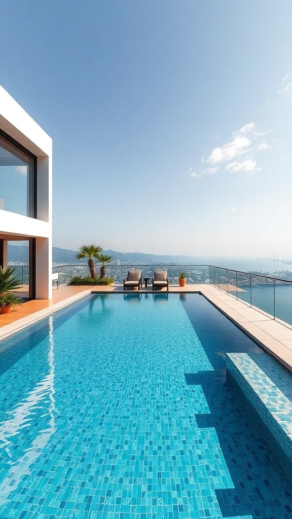 Ein moderner Infinity-Pool mit Blick auf die Stadt, umgeben von Liegen und Pflanzen.