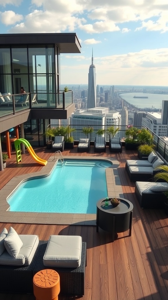 Luxuriöse Dachterrasse mit Pool, Rutsche und Blick auf die Stadt