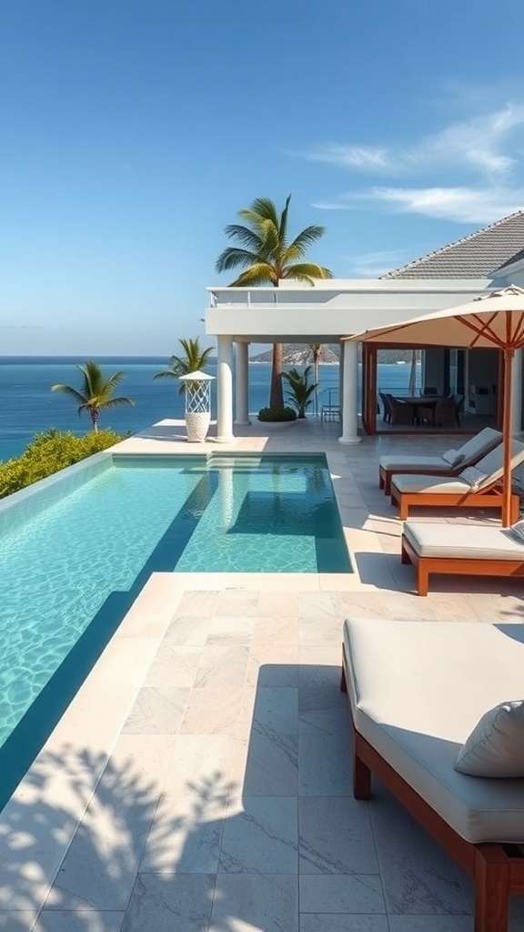 Ein moderner Vitality Pool mit Liegen und Blick auf das Meer.