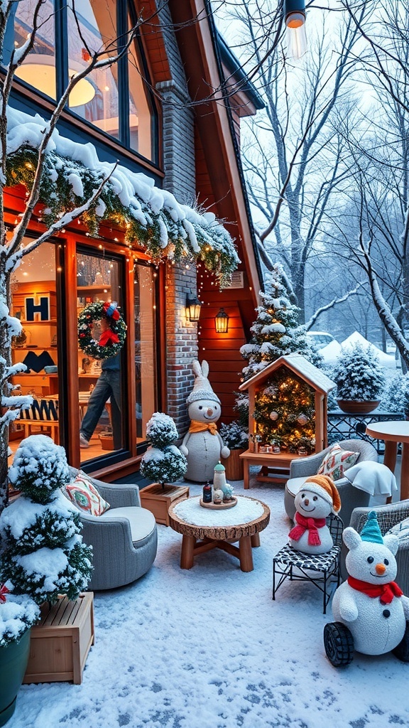 Gemütlicher Wintergarten mit Schnee, bunten Schneemann-Dekorationen und festlichem Weihnachtsbaum