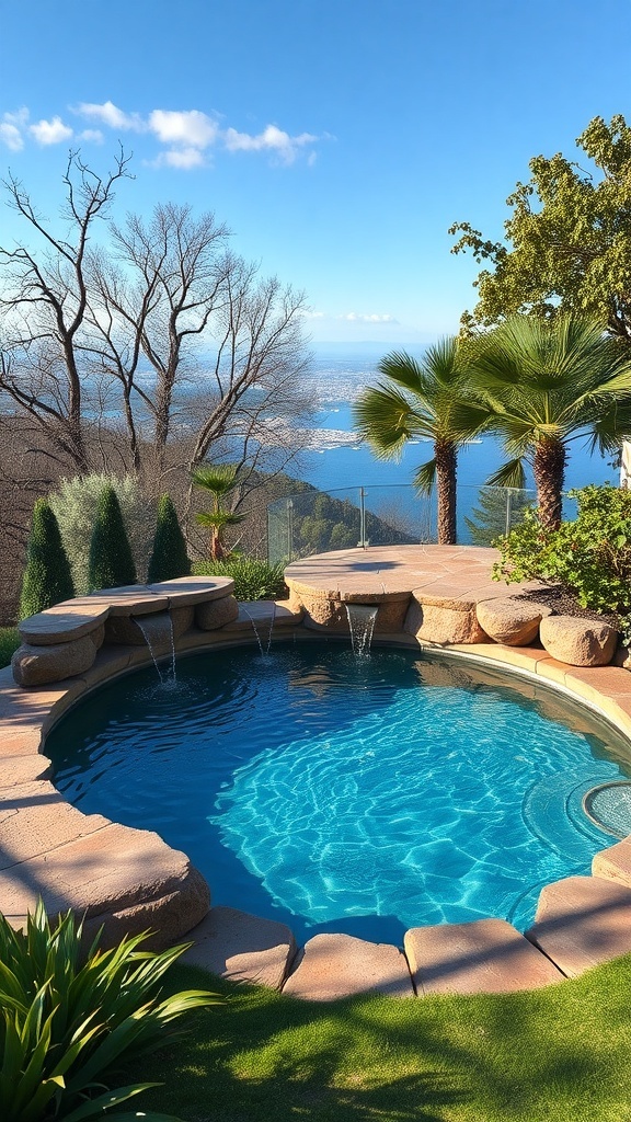 Familienfreundlicher Garten mit einem Pool, umgeben von Pflanzen und einer schönen Aussicht.