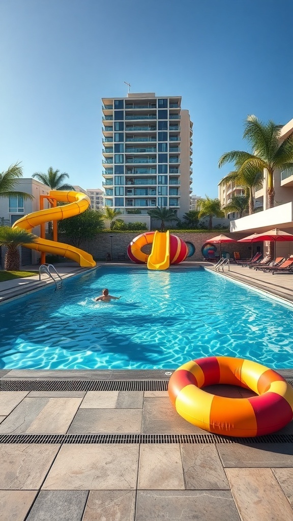 Familienfreundlicher Pool mit bunten Rutschen und Schwimmer