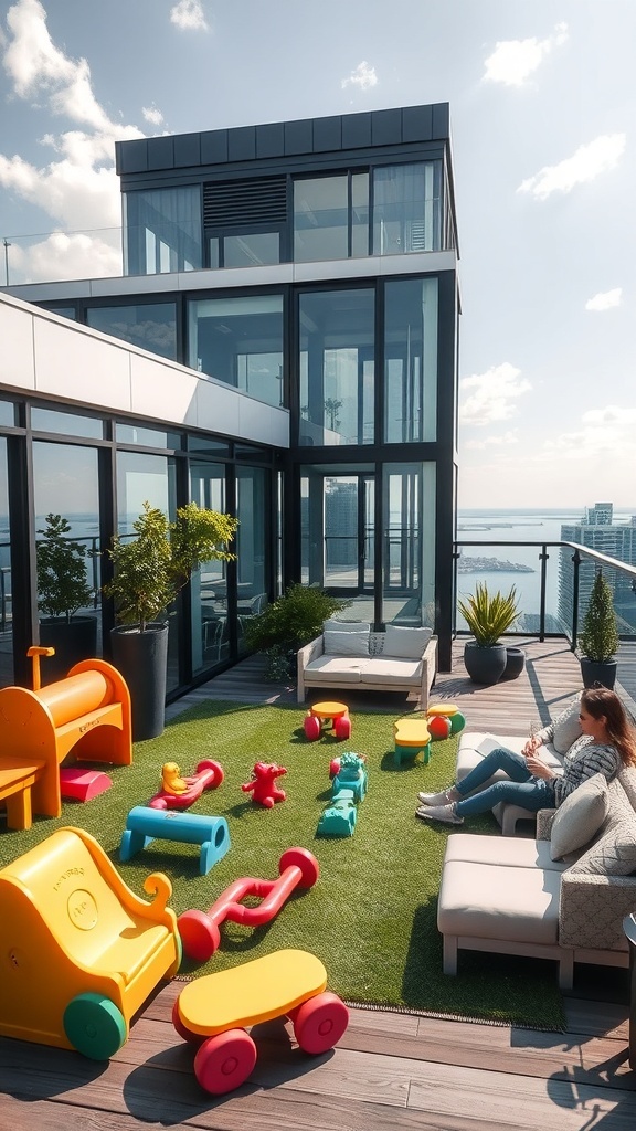 Familienfreundlicher Spielbereich auf einer Dachterrasse mit bunten Spielzeugen und Sitzgelegenheiten.