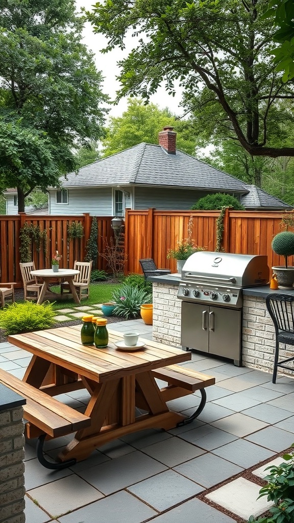 A family-friendly backyard grill zone featuring a wooden picnic table, stainless steel grill, and lush greenery.