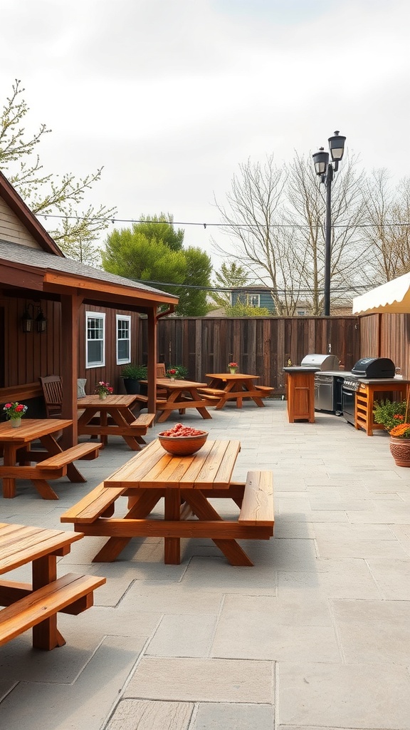 Outdoor BBQ space with wooden picnic tables and a grill.