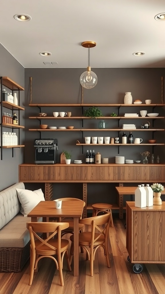 Cozy family-friendly coffee zone with wooden furniture and open shelving
