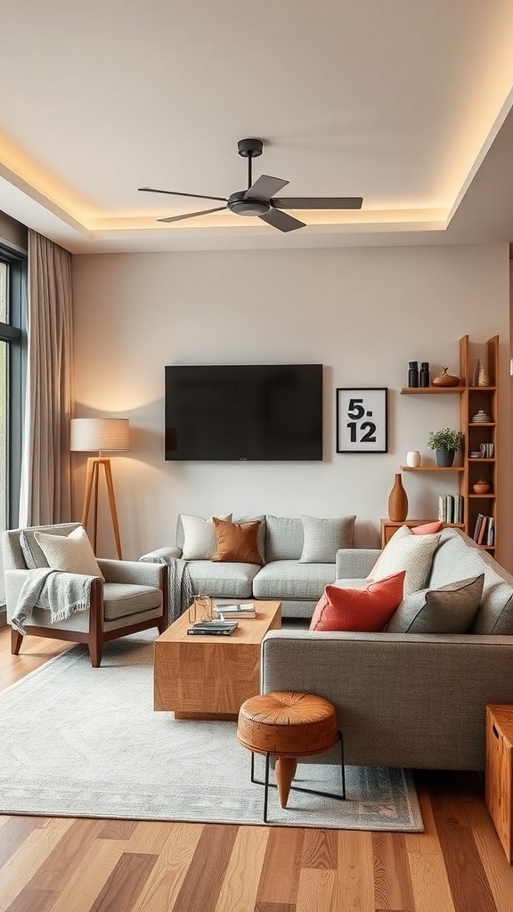 A modern family-friendly living room with soft furniture, colorful cushions, and a cozy atmosphere.