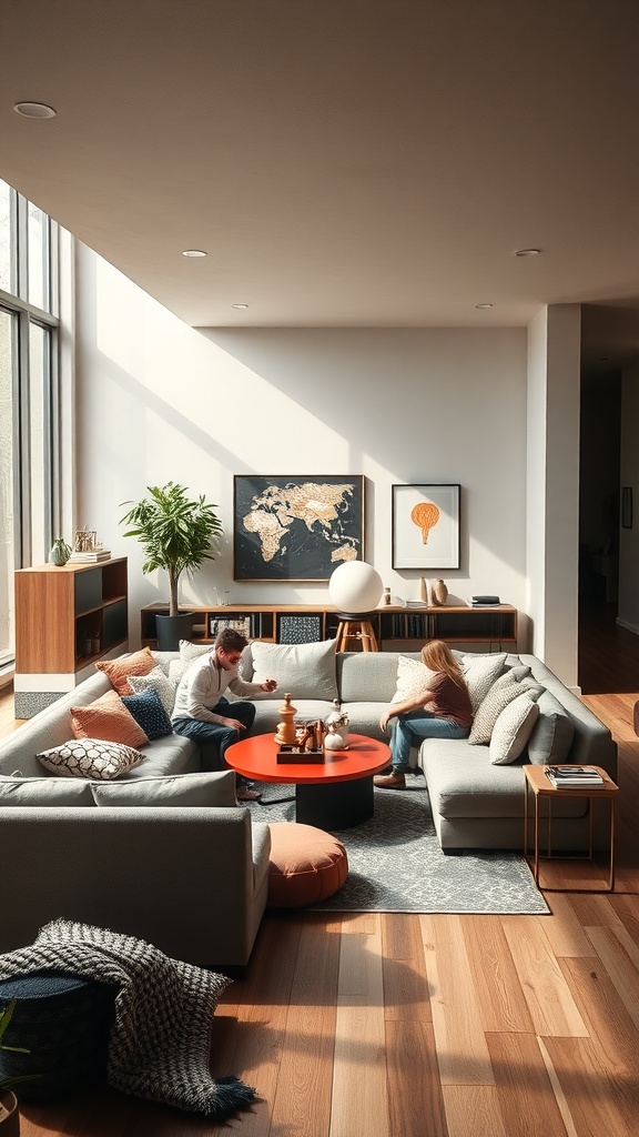 A cozy sunken couch space with a large sectional sofa, round coffee table, and bright decor, perfect for family gatherings.