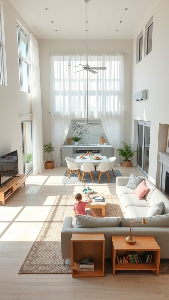 A spacious open concept living and dining room with large windows, a cozy sofa, and a child playing on the floor.