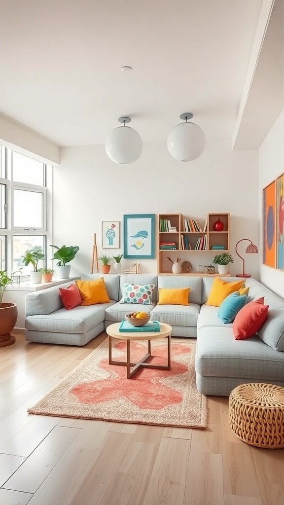 A stylish family-friendly lounge with a sunken sofa setup, colorful cushions, and natural light.