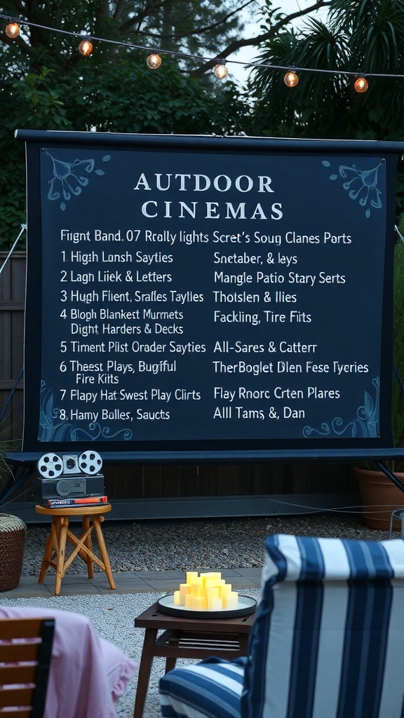 Cozy outdoor cinema setup with a movie list on a screen and string lights.