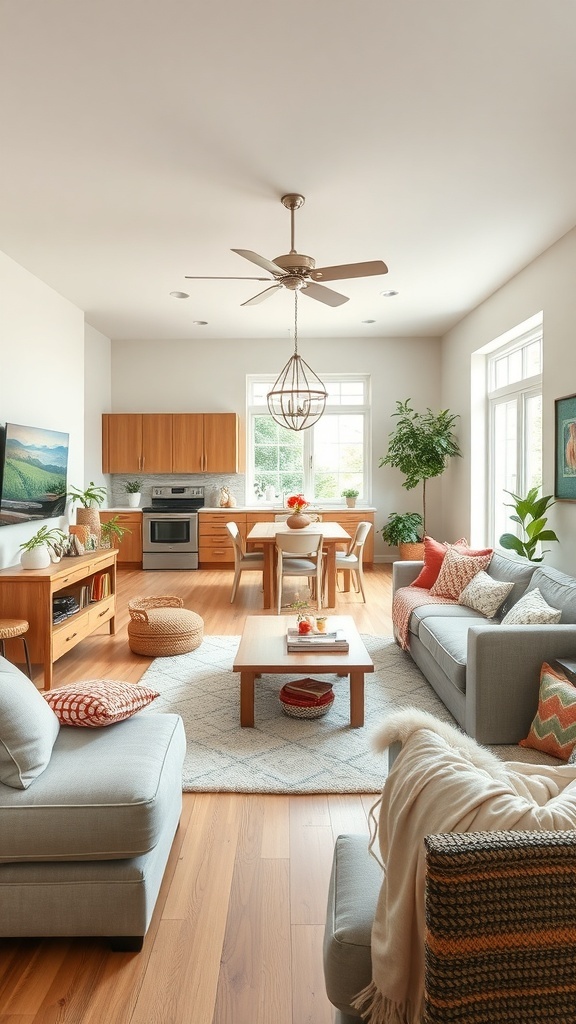 A family-friendly open concept living and dining room featuring gray sofas, a wooden dining table, and large windows.