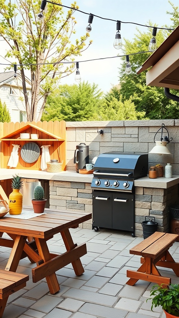 Family-friendly outdoor cooking space with a grill, picnic tables, and decorative plants.