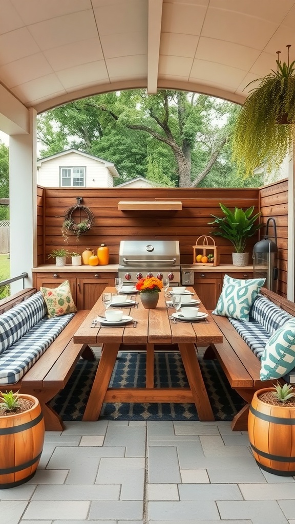 A cozy outdoor picnic area with a wooden table, comfortable benches, and a grill in the background.