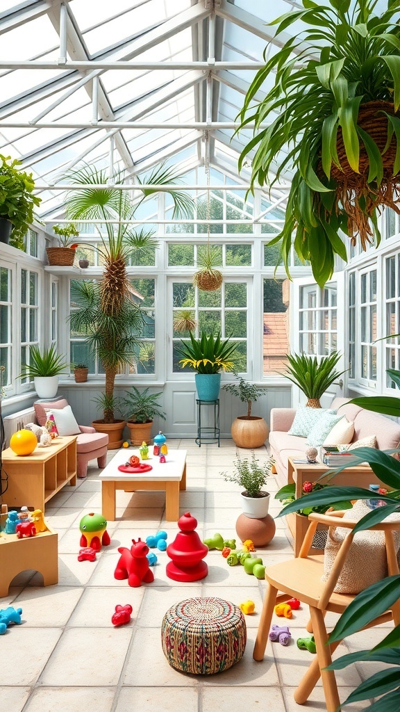 A bright conservatory play area with colorful toys, plants, and comfortable seating.