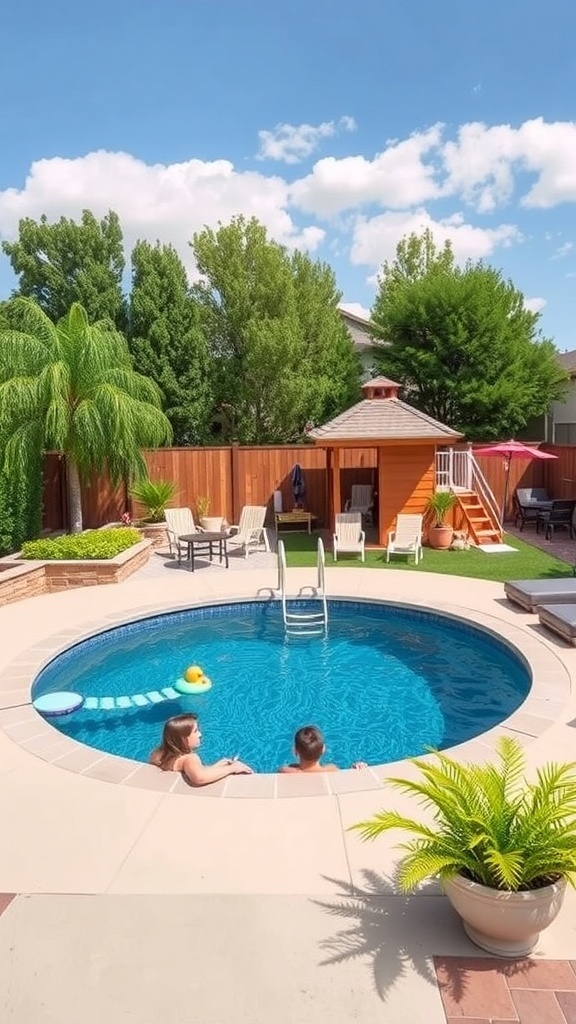 A sunken above ground pool surrounded by lounge chairs and a gazebo, with children playing in the water.
