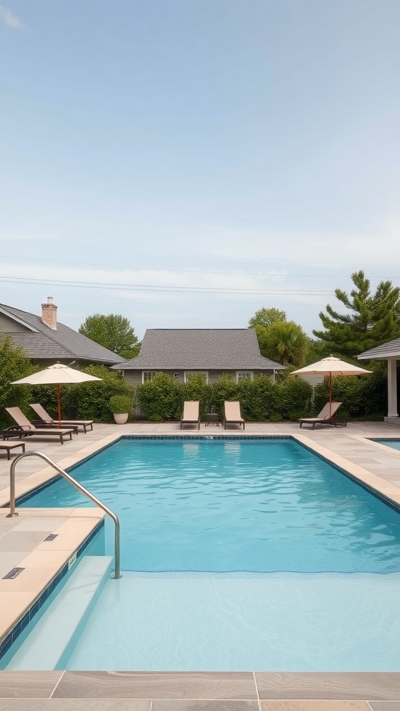 A family-friendly swimming pool with a shallow end, surrounded by lounge chairs and umbrellas.