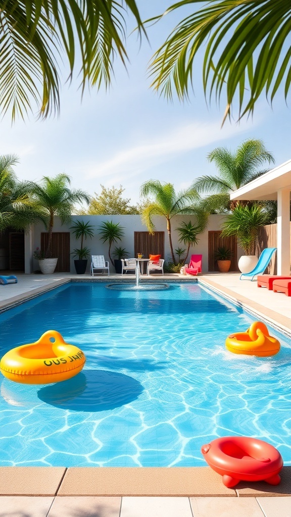 A family-friendly swimming pool with colorful floaties and palm trees, designed for fun and relaxation.