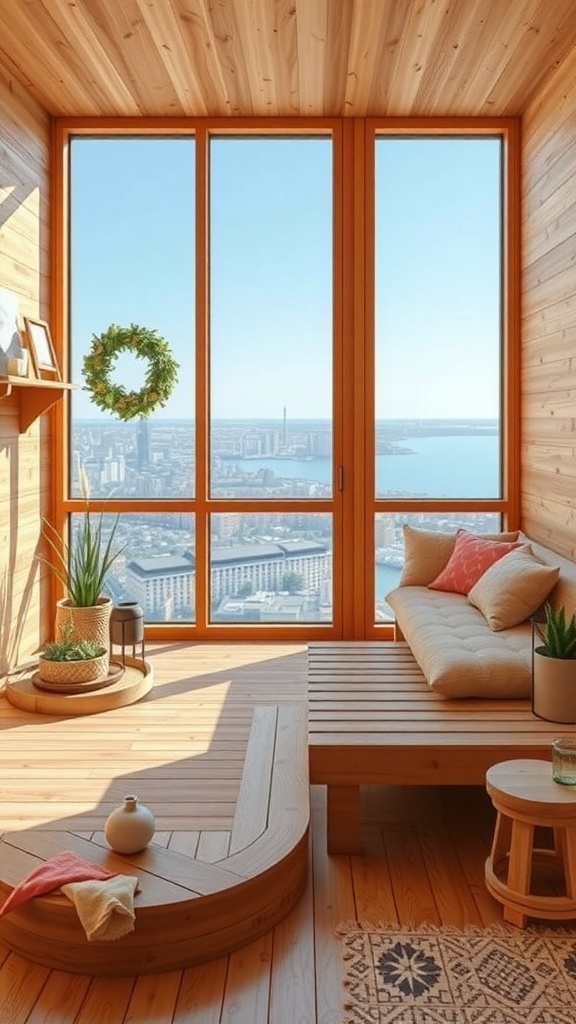 A cozy family-friendly sauna with large windows, wooden elements, and comfortable seating.