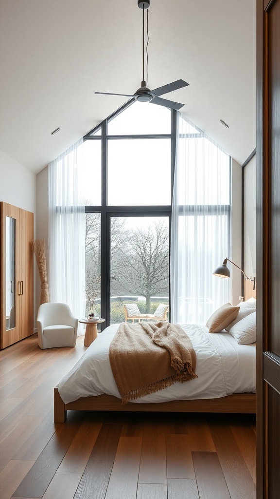 Bright and airy bedroom with large windows and wooden flooring, featuring a cozy bed and a relaxing atmosphere.
